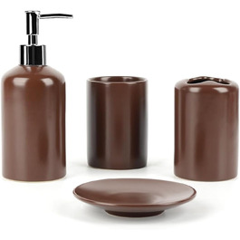 WPM 4-Piece Ceramic Bathroom Accessories Set – Our complete bathroom decor set includes a designer soap or lotion dispenser, toothbrush holder, cup, and soap dish (Brown)
