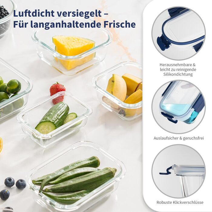 Набір скляних контейнерів для зберігання їжі, 10 шт., з кришками з преміум-пластику, герметичні, BPA-free, блакитні