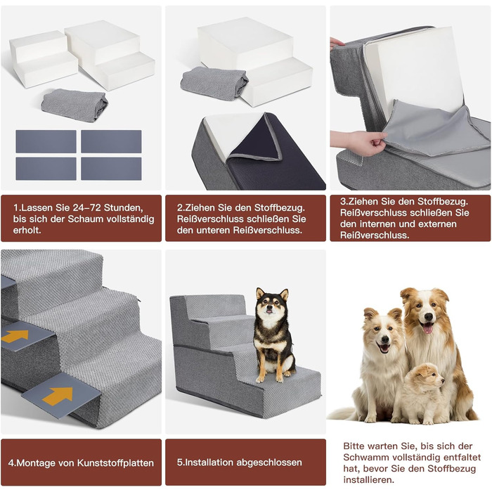 Dog stairs, dog ramp, non-slip dog stairs 5 steps, washable dog bed ramp, pet stairs made of high-density sponge, for injured & older dogs, cats (pet stairs 4 steps, gray)