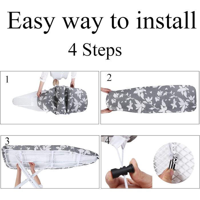 Чохол для гладильної дошки, 140 x 50 см, великий, з бавовняним покриттям, посилений, антибац. сірий квітковий, XXL