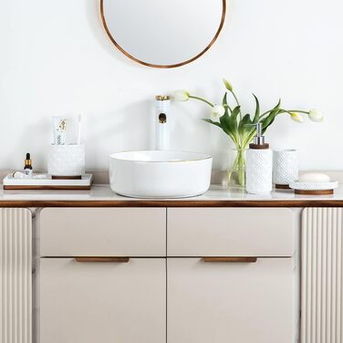 Набір аксесуарів для ванної кімнати RQYIXI, 6 предметів: тримач для зубних щіток, дозатор мила, відро, піднос, чашка, мильниця, кераміка, дерево, теплий білий колір