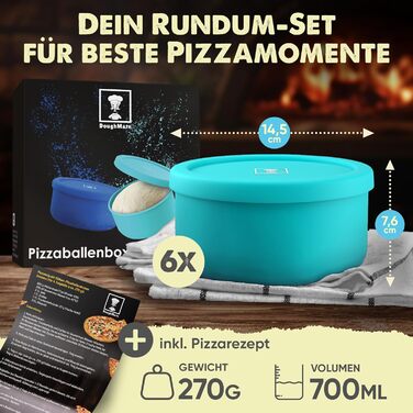 Pizza Ball Box with Lid, 6-Piece Set - Ideal as a pizza box, dough box, proofing box. Suitable for up to 350g of pizza dough. Non-stick silicone, freezer and dishwasher safe, food-grade.