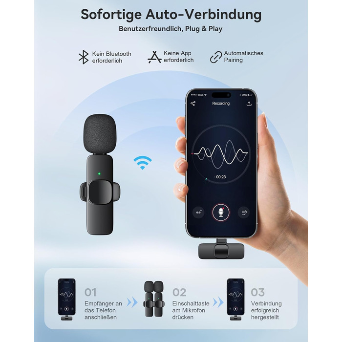 Беспроводной петличный микрофон: 2 миниатюрных микрофона с шумоподавлением, Plug-and-Play для iPhone/Android, для видеосъемки/TikTok/Vlog/Интервью, черный
