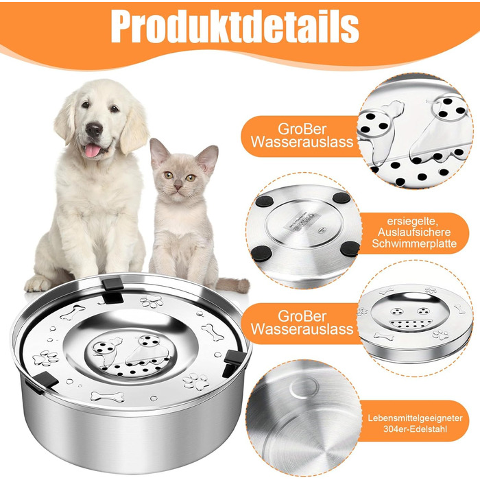 Миска для собак 3L без розливання, нержавіюча сталь, плаваюча годівниця, з неслизьким дном, для цуценят та кошенят, для здорового пиття