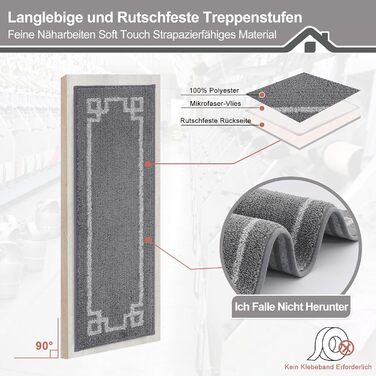 Килимочки на сходи BEQHAUSE, комплект 15 шт. Самоклеючі килимки на сходи для дітей, літніх людей та домашніх тварин, 100% поліестер, TPE-підкладка, 22x70 см (Сірий)