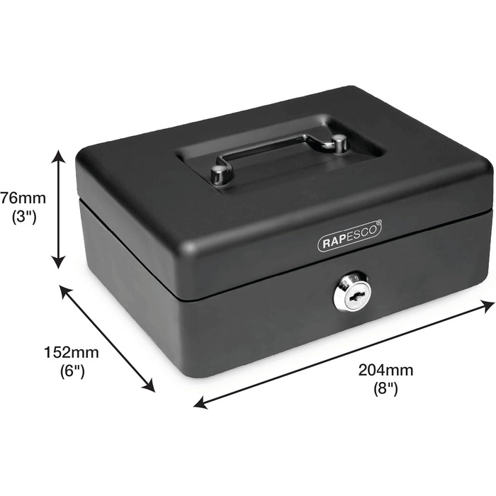 Металева касова скринька Rapesco SB0006B1 з замком, 3 ключами та висувним відділенням, розмір 6, чорна