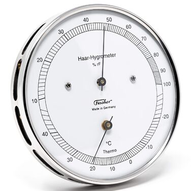Fischer 111.01T - Hair Hygrometer & Thermometer - 103mm Outdoor Humidity Meter Made in Germany – Stainless Steel Silver