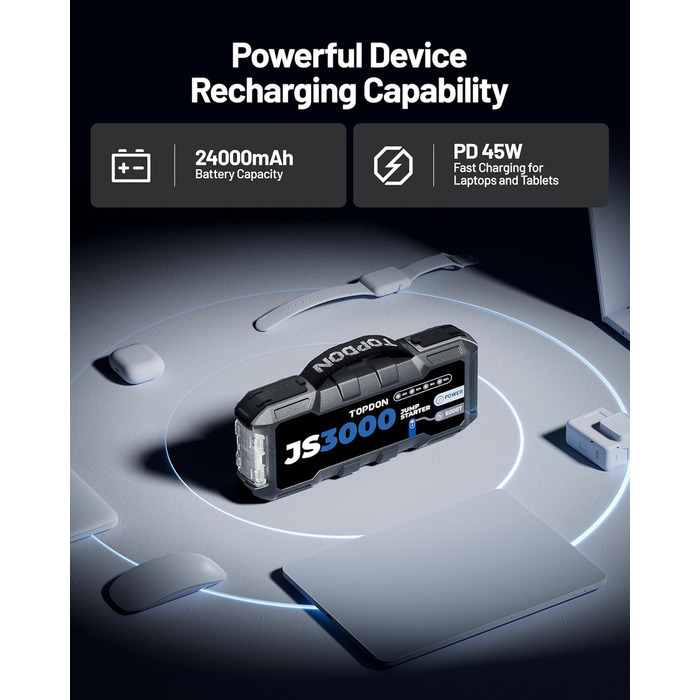 TOPDON JS3000 Powerbank для запуску двигуна: автостартер, бустер для акумулятора до 9л бензину/7л дизеля, 24000mAh, 3000A, LED, EVA-сумка