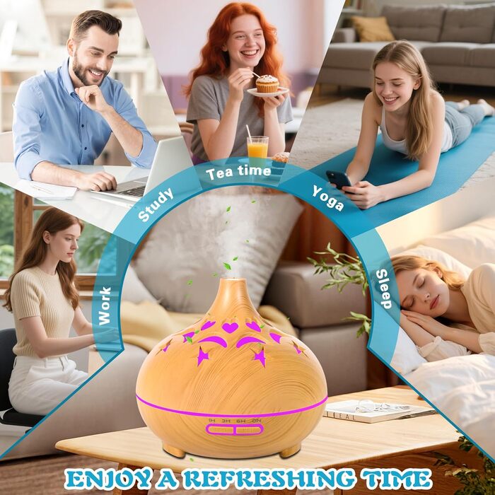 Аромадифузор 550 мл для ефірних олій, ультразвуковий зволожувач повітря, пульт дистанційного керування, 4 таймери, 7 кольорів, автовимкнення, дифузор для ефірних олій, аромалампа для спа, офісу, спальні