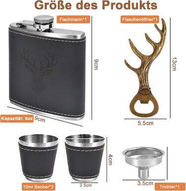 Фляга для чоловіків Jäger з гравіюванням оленя, 180 мл, нержавіюча сталь, комплект з 2 склянок, відкривачем, воронкою, кракею та шкіряним чохлом, аксесуар для полювання