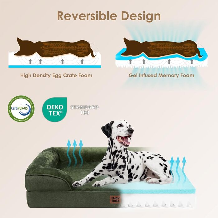 Ортопедичне ліжко для собак EHEYCIGA, 89x56 см, Memory Foam, для собак середніх та маленьких порід, вологостійке, з високим бортиком, темно-зелене