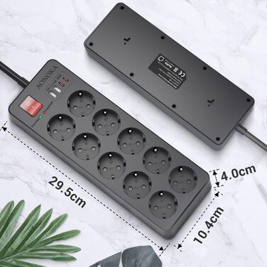 Мережевий фільтр 8 розеток з USB C, захист від перенапруги, адаптер з 2*USB A та 2*USB C, мережевий перехідник з подвійним вимикачем, кабель 1.5м чорний