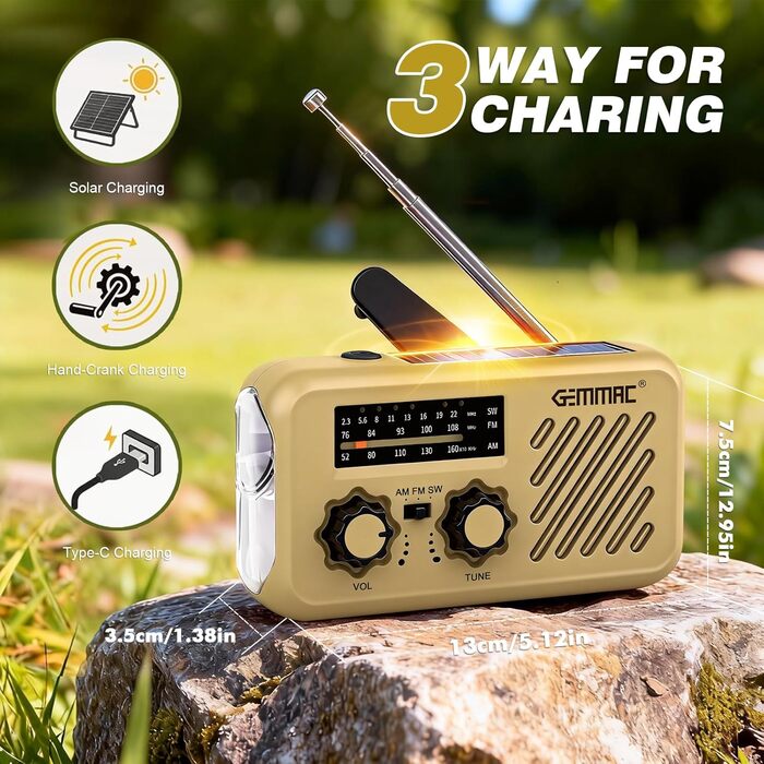 Радіоприймач Kurbelradio з підключенням навушників, AM/FM/SW, сонячне аварійне радіо, акумулятор 2000mAh, Power Bank, радіо на батарейках, будівельне радіо з приймачем світу, SOS ліхтарик для аварійного спорядження (297-Khaki)