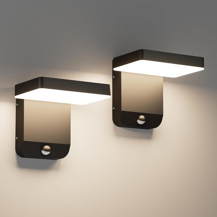 Зовнішнє LED-світильник K-Bright з датчиком руху, водонепроникний IP65, для балкона/саду, темно-сірий (2 шт. чорний, квадратний)