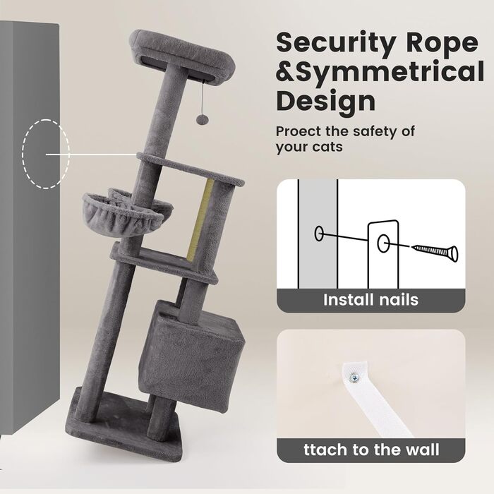 Кігтеточка-кімнатний комплекс Ґарднер Пет Катценбаум, 165 см, сіра. З платформами, кошиками та печерею для котів.