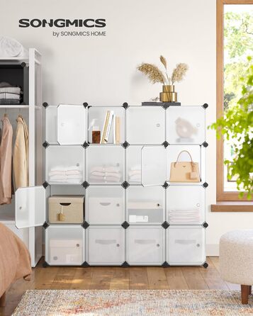 SONGMICS Regal System, Shoe Rack, Set of 16 Cubes, Plastic Closet Organizer with Doors, Stackable Shelf, Storage for Clothes, Shoes, and Books, Easy Assembly, White LPC44BS
