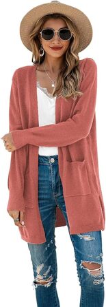 Кардиган жіночий Saodimallsu трикотажний, довгий, легкий, однотонний, з кишенею, темно-рожевий, розмір M