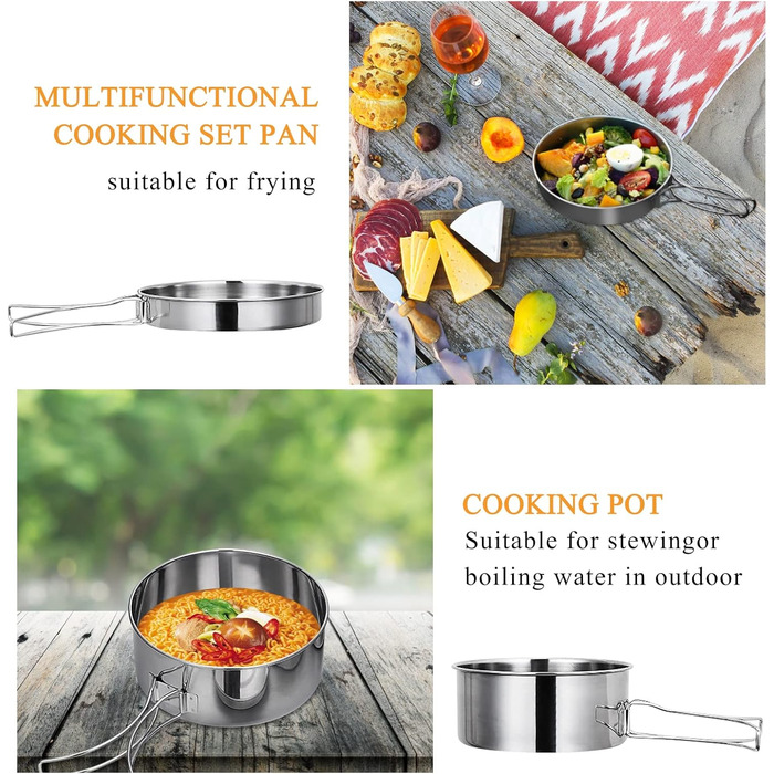Набір кухонного посуду для кемпінгу на 2-3 особи з нержавіючої сталі: 7 предметів для пікніків, походів та кемпінгу