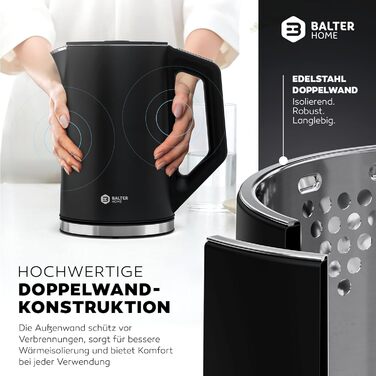 Balter Stainless Steel Electric Kettle with Temperature Control - 40°C to 100°C, Double Wall, BPA Free, 1.7L, 2200W, Quiet Kettle (D. Black)