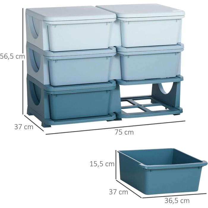 HOMCOM Kids' Storage Chest with Drawers, Toy Organizer, Toy Box, Three Tiers for Children's Room, 3-6 Years, Kids' Furniture, 37 x 37 x 56.5 cm (75L x 37W x 56.5H cm, Blue)