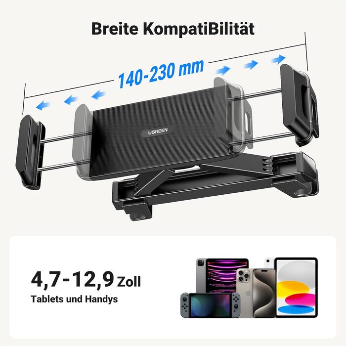 Утримувач для планшета UGREEN в авто, 360° обертання, регульований, універсальний, сумісний з 4.7-12.9 дюймів