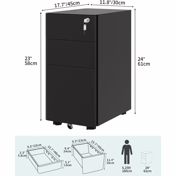 YITAHOME Rolling File Cabinet with 3 Drawers, Lockable Metal File Box for A4, Legal, Letter, Mobile Office Cabinet with Wheels for Home Office, Hanging File Storage, 45 x 30 x 61cm, Black