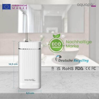 Портативна бездротова іригатор Aquapik® Mini | Іригатор для імплантів та брекетів | Бездротовий, водонепроникний IPX7, 1200 імпульсів/хв, 21 день роботи від акумулятора, 4 насадки (білий)
