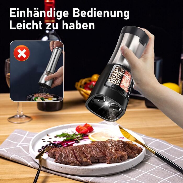 Nauotk 2-in-1 Electric Salt and Pepper Grinder, Battery Powered, Adjustable Coarseness, Automatic Salt and Pepper Grinder with LED, Double Nozzle, One-Hand Operation, Spice Grinder for Kitchen (USB)