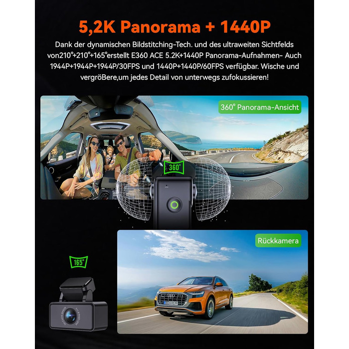 Панорамний автореєстратор VANTRUE E360 ACE 5.2K Dual STARVIS 2 HDR 360°, відеореєстратор з WiFi, GPS, сенсорним екраном 1.54″ та режимом паркування (передній та внутрішній)