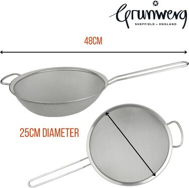 Дрібне сито Grunwerg ST-3009 з полірованим краєм та ручкою, сріблясте, діаметр 22.5 см