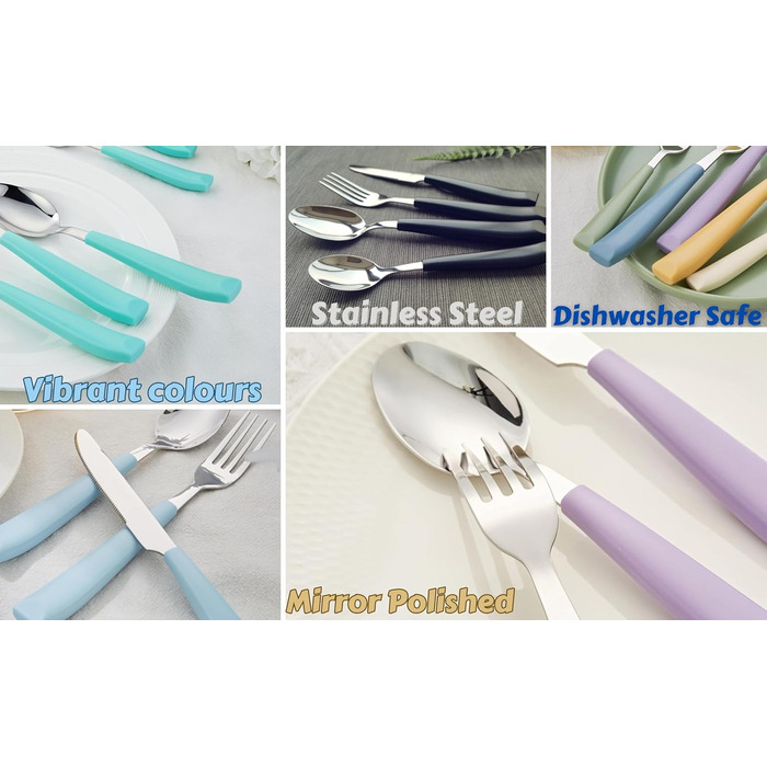 EXZACT 24-Piece Cutlery Set - Stainless Steel with Vividly Colored Plastic Handles - Comfortable to Hold - 6 x Forks, 6 x Knives, 6 x Dinner Spoons, 6 x Teaspoons (Mixed Color x 24)