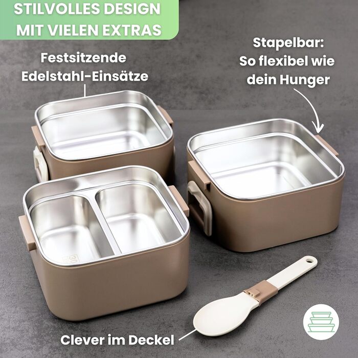 Бенто-бокс 'Remy' 2100мл, 3 секції з відділеннями та столовим прибором, преміум-якість, нержавіюча сталь, BPA-free, велика ланчбокс для дорослих, для Meal Prep, миється в посудомийній машині та підходить для мікрохвильової печі