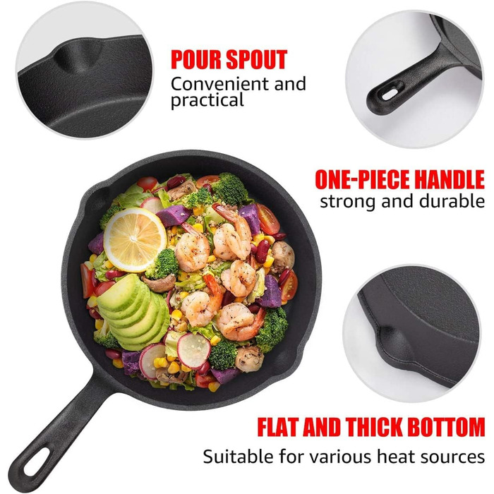 OVERMONT Grill Pan Cast Iron - Cast Iron Skillet 19.5cm - Steak Pan Frying Pan with Handle - for Gas Grill (9.6Inch-24.5cm)