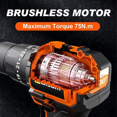 Акумуляторний шурупокрут/дрель 21V з набором 2 акумуляторів, 1200W двигун Brushless, 75Nm, 25+3 рівня крутного моменту, патрон 13мм, 2 швидкості, LED, 29-ти елементний набір для дому, саду та DIY-проектів помаранчевого кольору