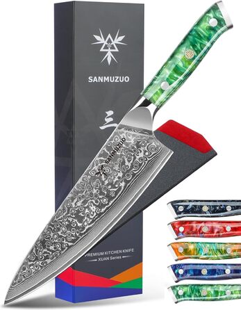 Ніж кухарський SANMUZUO Xuan Serie 20см з VG10 Дамаської сталі, ручка з епоксидної смоли (смарагдовий)