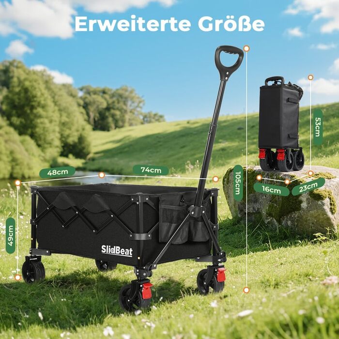 Візок складний SLIDBEAT Bollerwagen 150л, 150кг, чорний XL: для кемпінгу, покупок, саду, пляжу. Гальма, регульована ручка, тримач для напоїв.