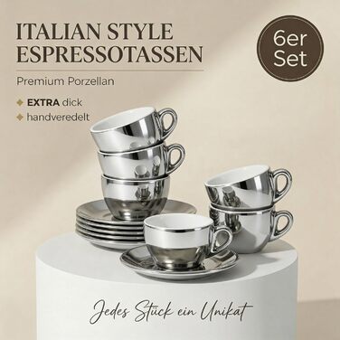 Набір з 6 еспресо-чашок з срібно-хромовим покриттям, італійський стиль, товсті стінки, важкі, 60 мл - подарунковий набір