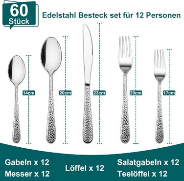 Набір столових приборів Joyfair на 6 осіб (60 предметів), нержавіюча сталь, з молотком, ніж, виделка, ложка, елегантний столовий прибор для дому/вечірки/ресторану, блискучий, придатний для миття в посудомийній машині