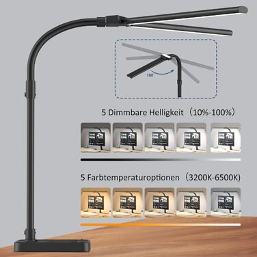 LED настільна лампа Doppelkopf з регулюванням яскравості, 24W, 80см, велика та яскрава, захист очей, чорний колір, гнусий шийка, 25 режимів освітлення, для офісу та дому