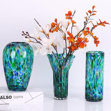 Ваза 22,9 см блакитно-зелена, виготовлена з ручного видутого скла, сучасний дизайн, широке горлечко, ідеальна для квітів та декору, для вітальні, кухні, весілля, офісу