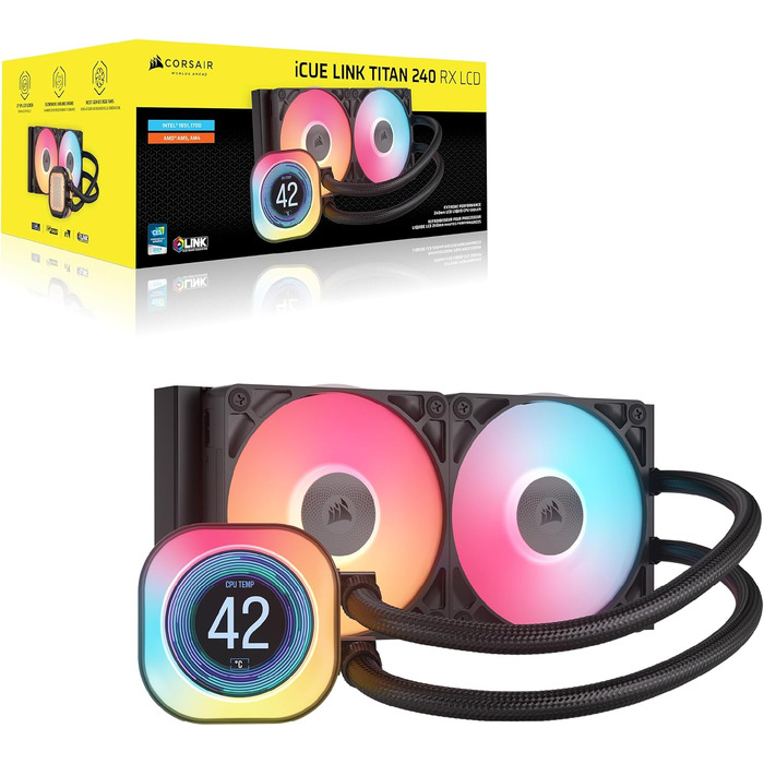 Рідинне охолодження процесора Corsair iCUE LINK Titan 360 RX LCD, FlowDrive, 3x120мм RGB вентилятори, для Intel LGA 1851/1700 та AMD AM5/AM4, чорний