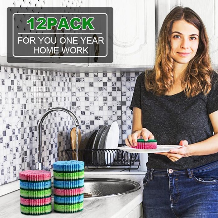 SmilePowo 12-Piece Scrub Sponges, Large Sponges, Double-Sided, Multifunctional, Premium Cleaning Sponges, Dishwashing Sponge for Durable Scrub Sponges, Bathroom, Dishes, Furniture, Kitchen Sponge
