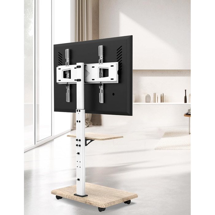 Підставка для телевізора Delphos Mobiler TV Stand - роликова, з дерев'яною основою, для телевізорів 32-70 дюймів, до 45 кг, регульована висота до 130 см, поворотна ±25°, VESA 600x400, біла