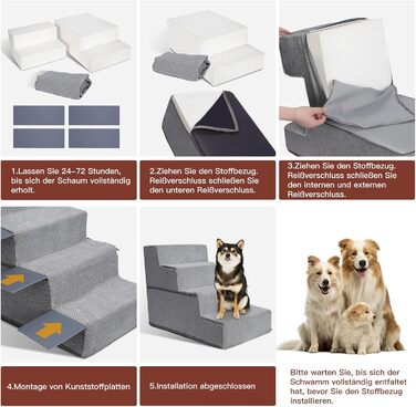 Dog stairs, dog ramp, non-slip dog stairs 5 steps, washable dog bed ramp, pet stairs made of high-density sponge, for injured & older dogs, cats (pet stairs 4 steps, gray)