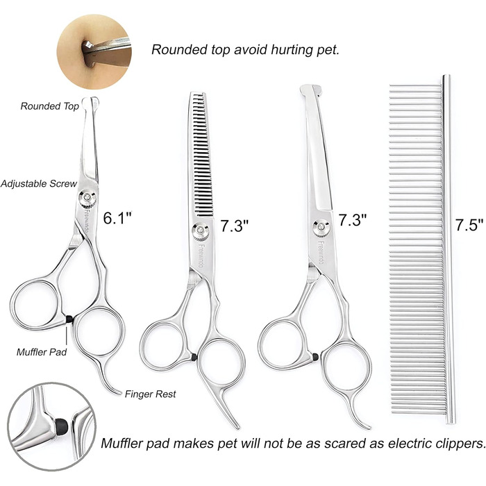 Freewindo Dog Grooming Shears - Rounded Tip Stainless Steel - Dog Trimming Scissors & Nail Clippers for Full Body Care