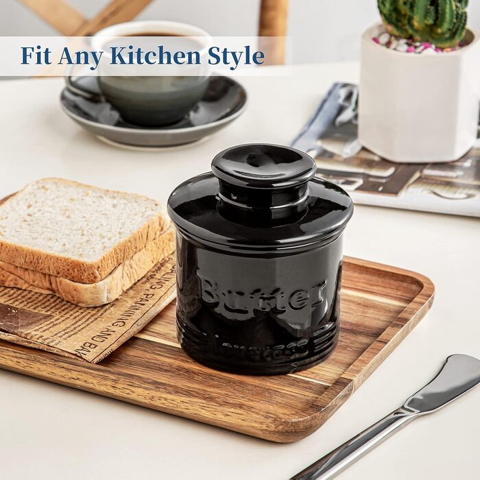 Porcelain Butter Top Dish for Countertop, LOVECASA Butter Holder with Water Line, French Butter Dish with Lid, Ceramic Butter Container, No More Hard Butter, Perfect Spreadable Consistency (black)