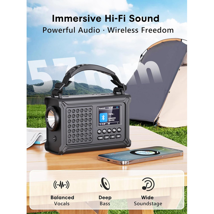 ROCAM Радіоприймач на ручку DAB+/UKW, портативне аварійне радіо з сонячною панеллю 8500 мм² та ручкою 650 мА, цифрове радіо з Bluetooth, 2.4' кольоровий дисплей, 80 станцій, SOS, LED ліхтарик, USB, IPX6 для кемпінгу, чорний