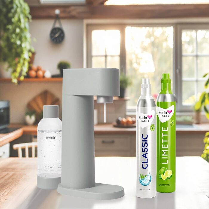 SodaTASTE Mysoda Woody – карбонізатор води з деревного композиту з пляшкою 1л без BPA + 2 CO2 циліндри (класичний + лайм, сірий)