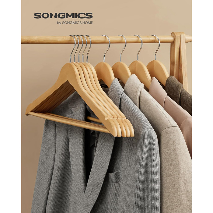 Плечики для одягу SONGMICS, 20 шт., дерев'яні, для костюмів та сорочок, з вирізами для плечей, нековзний тримач для штанів, обертовий гачок 360°, натуральний колір + срібло