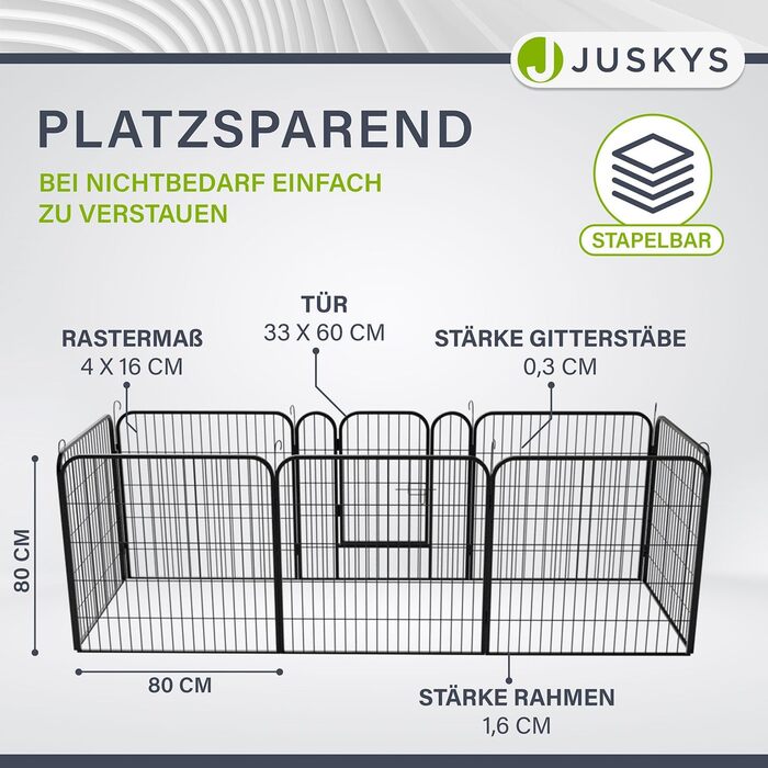 Клітка-вольєр для цуценят Juskys Welpenauslauf Plus 160x160x80 см - металевий вольєр для собак, кроликів та дрібних тварин з дверцятами